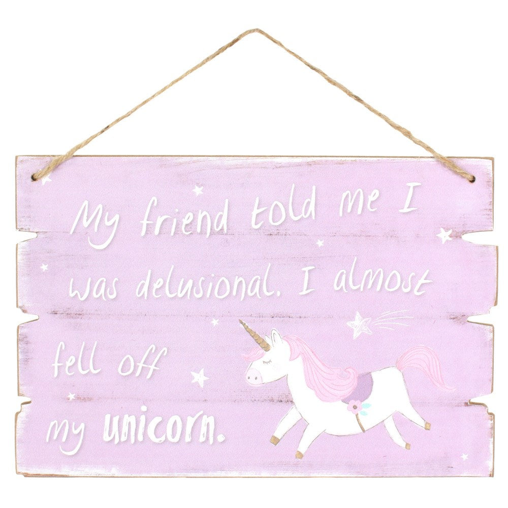 Purple Delusional Unicorn Wooden Hanging Sign